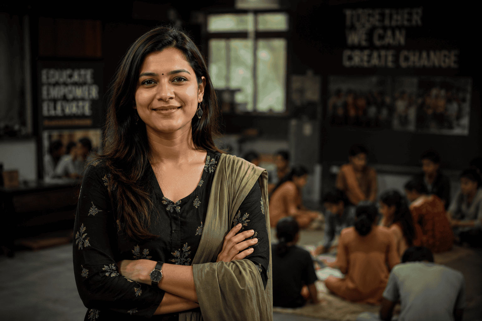 Empowered woman teacher in classroom with students, emphasizing education and positive change.