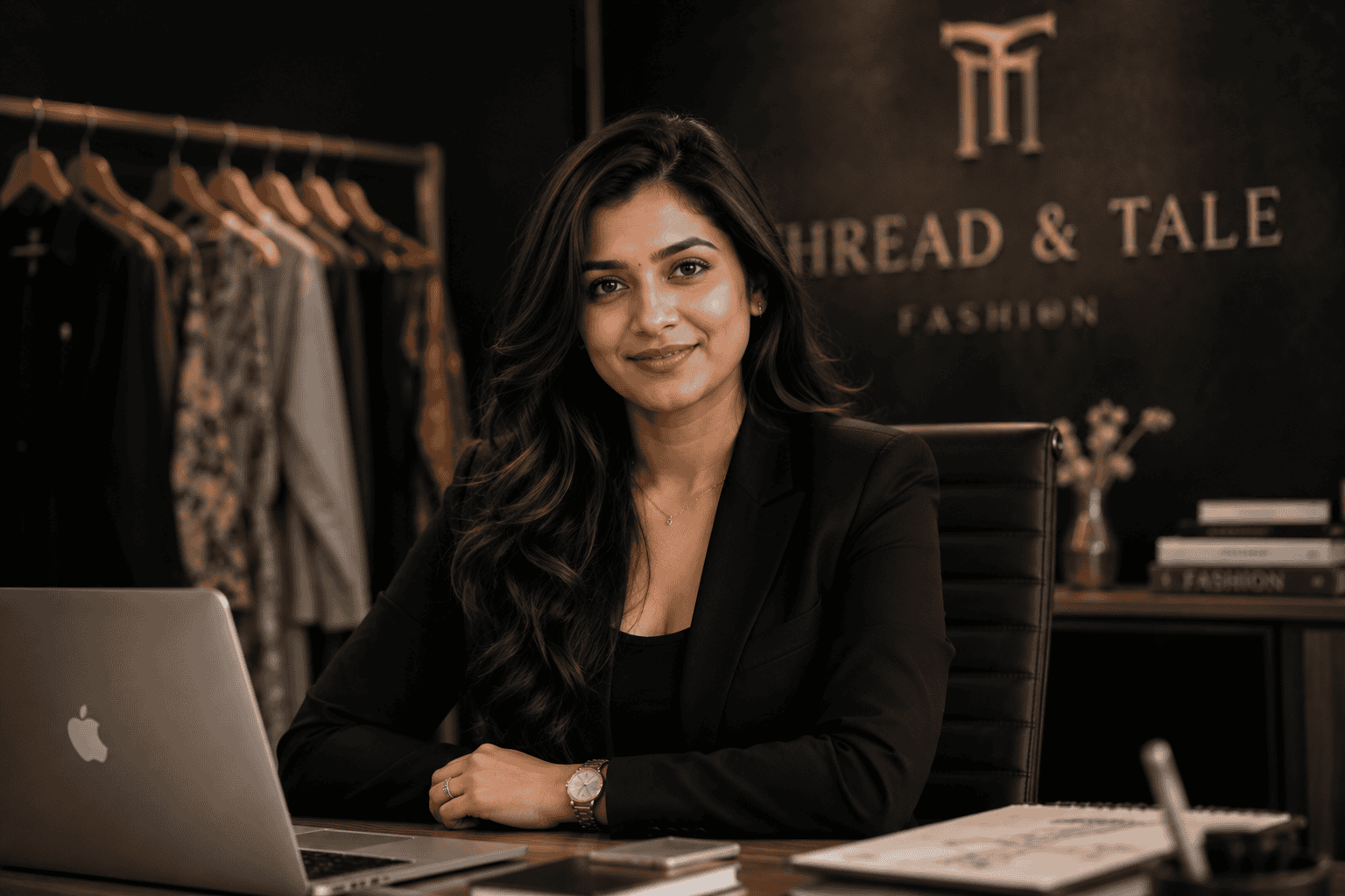 Confident woman working at fashion boutique with clothing racks in background.
