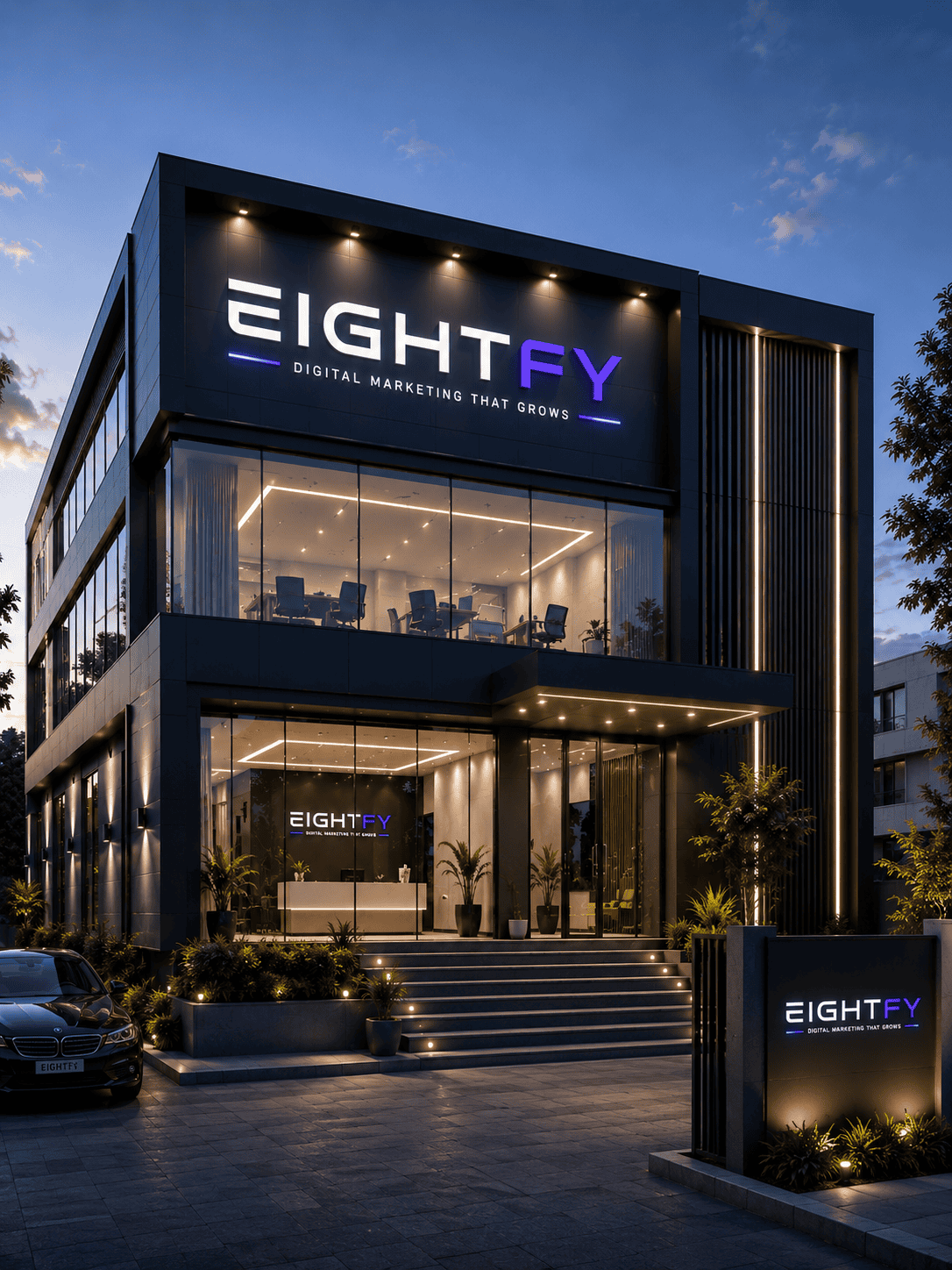 Modern office building of EIGHTFY digital marketing agency at dusk.