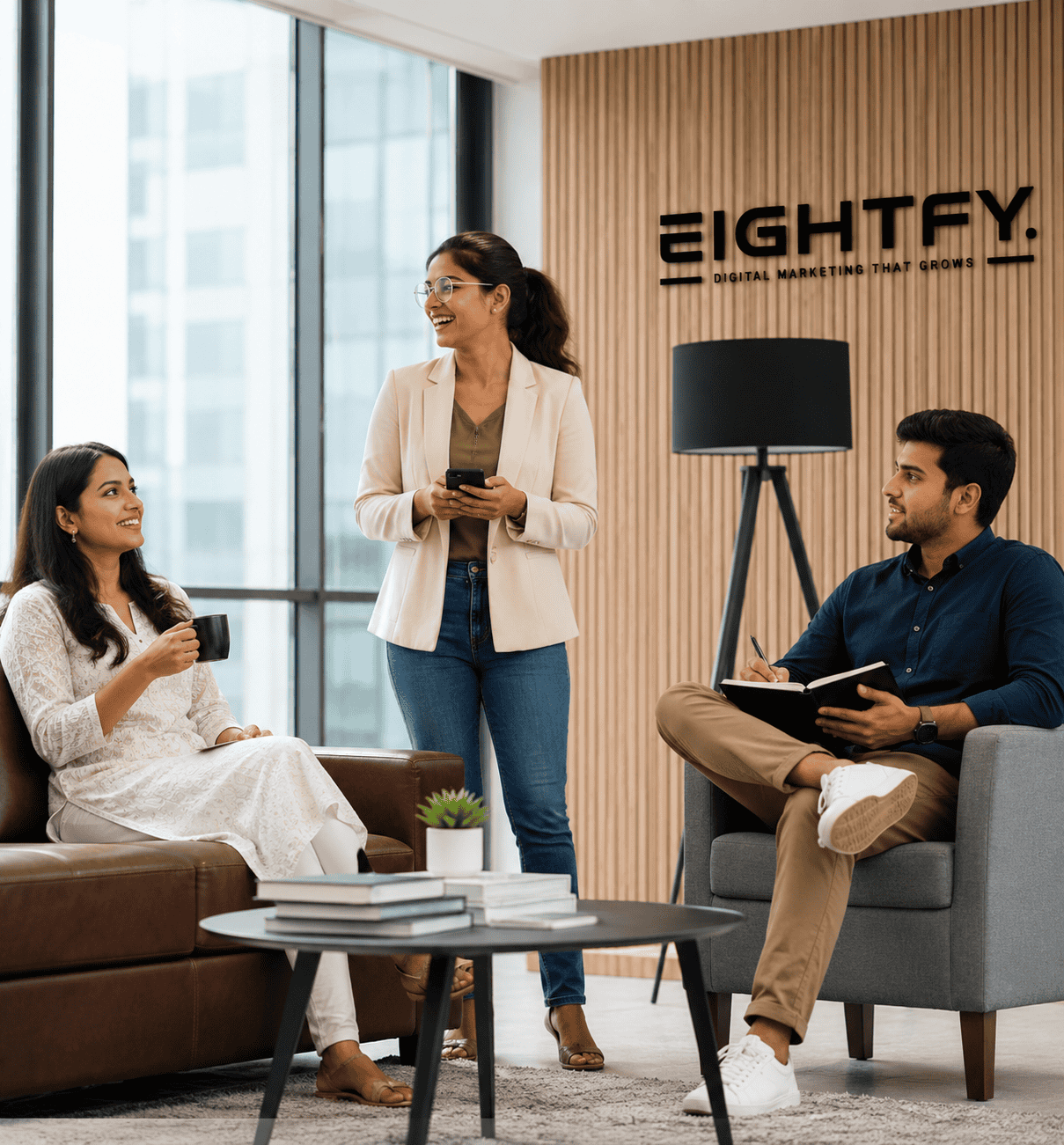 Business team discussing digital marketing strategies in modern office.